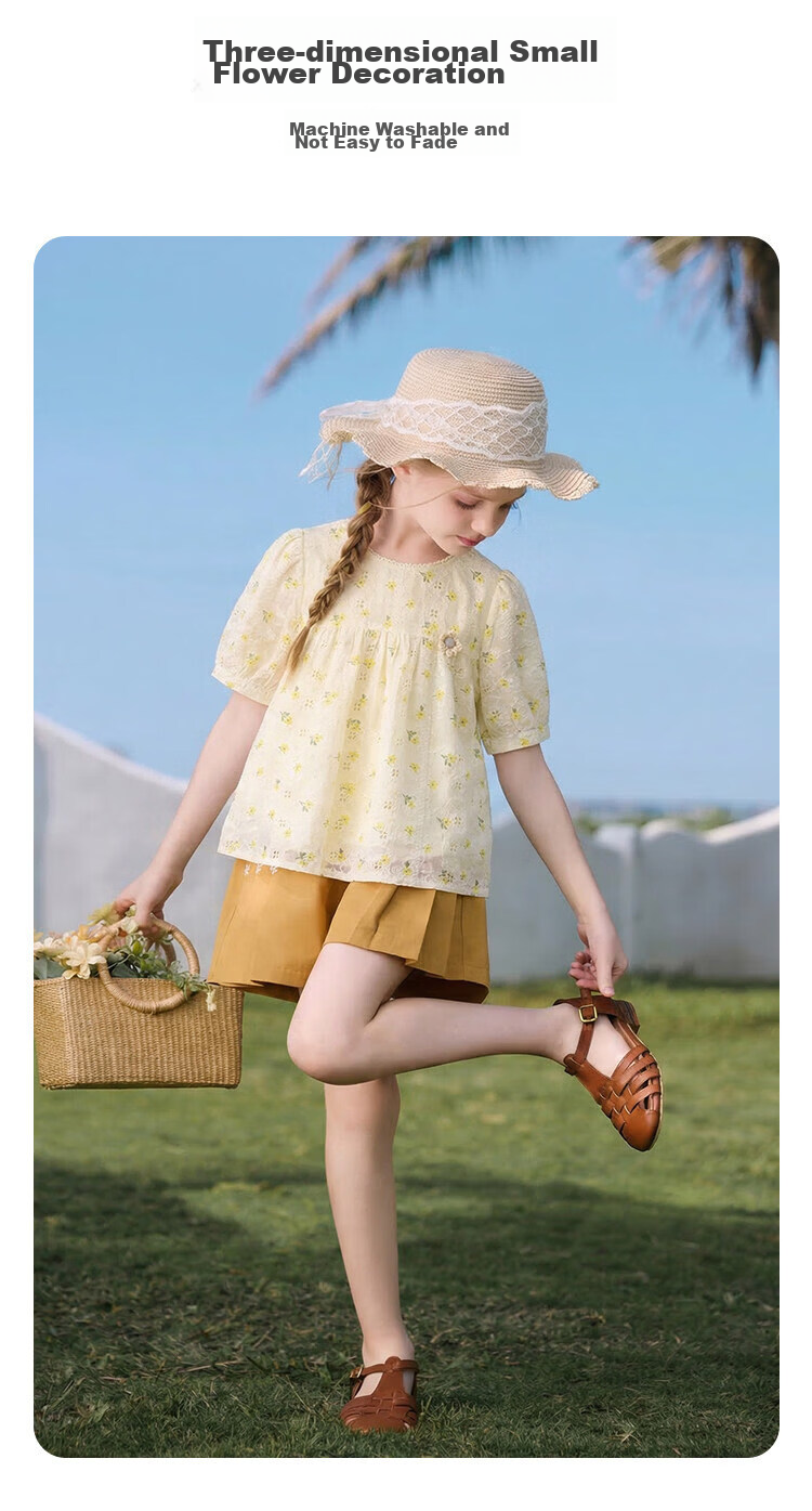 CHANZUIGOU Girls' Glutinous Yellow Floral Print Short Sleeve Top 2026 Summer New Stylish Versatile Shirt 7